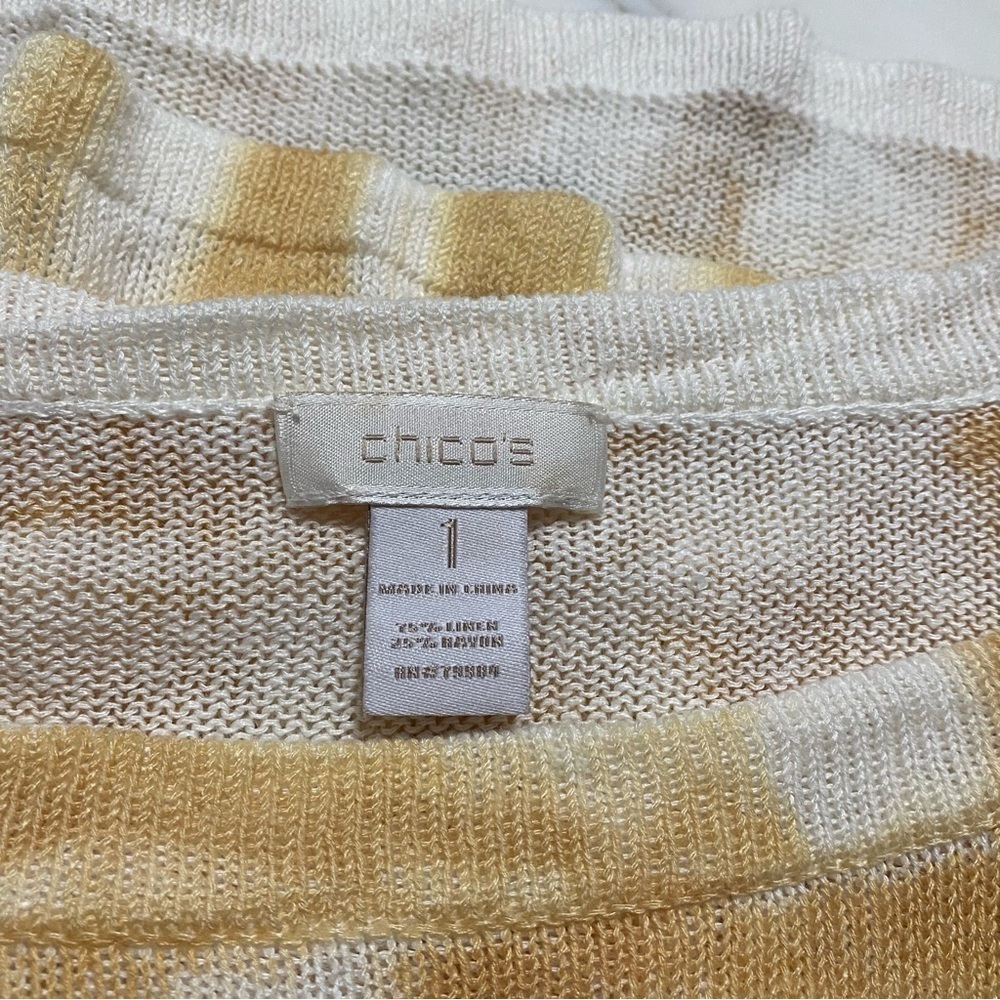 Chico’s Ladies Sweater, Mustard Yellow And White Size 1 ( 8-10) Linen Rayon - Picture 7 of 13